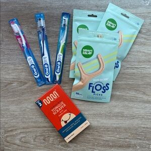 Dental Hygiene Set: Biodegradable Floss Picks, Tongue Scrapers and Toothbrushes